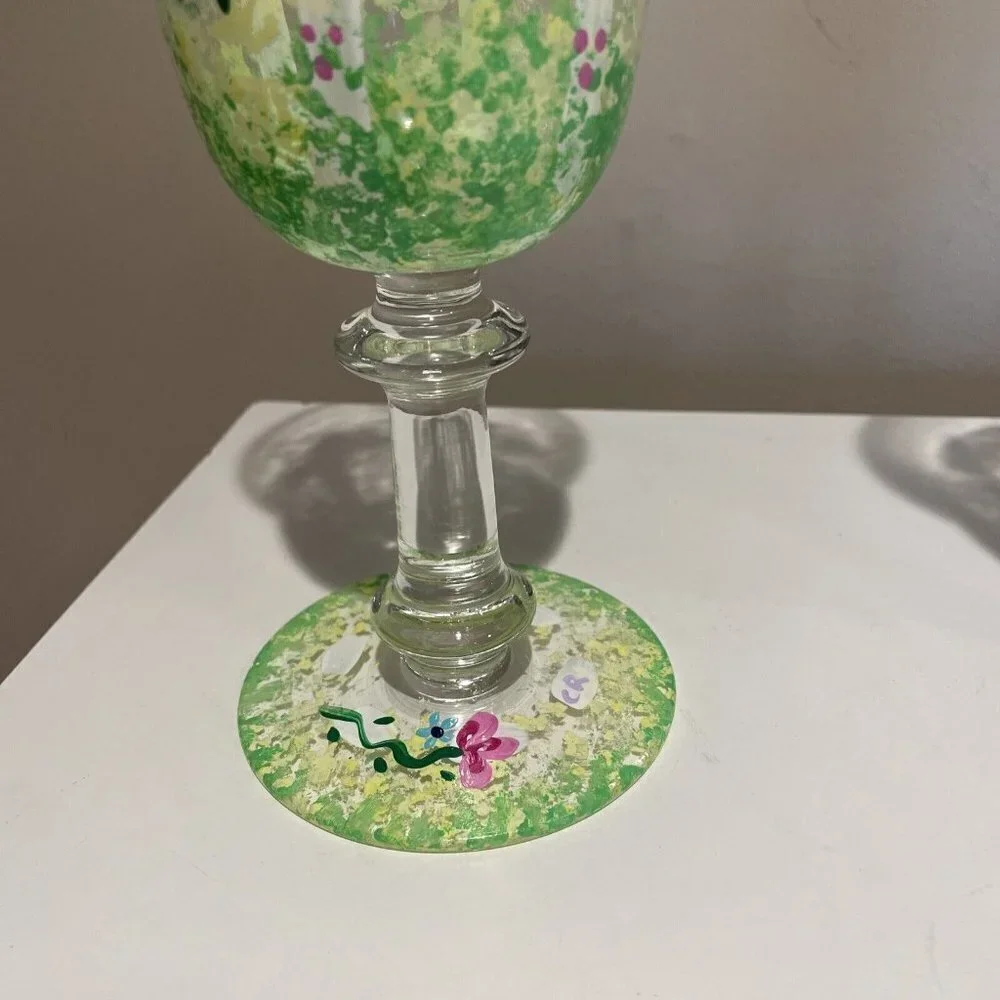 Art Glass Stemmed Goblets Wine or Water Glasses Hand Painted Flowers Signed 
